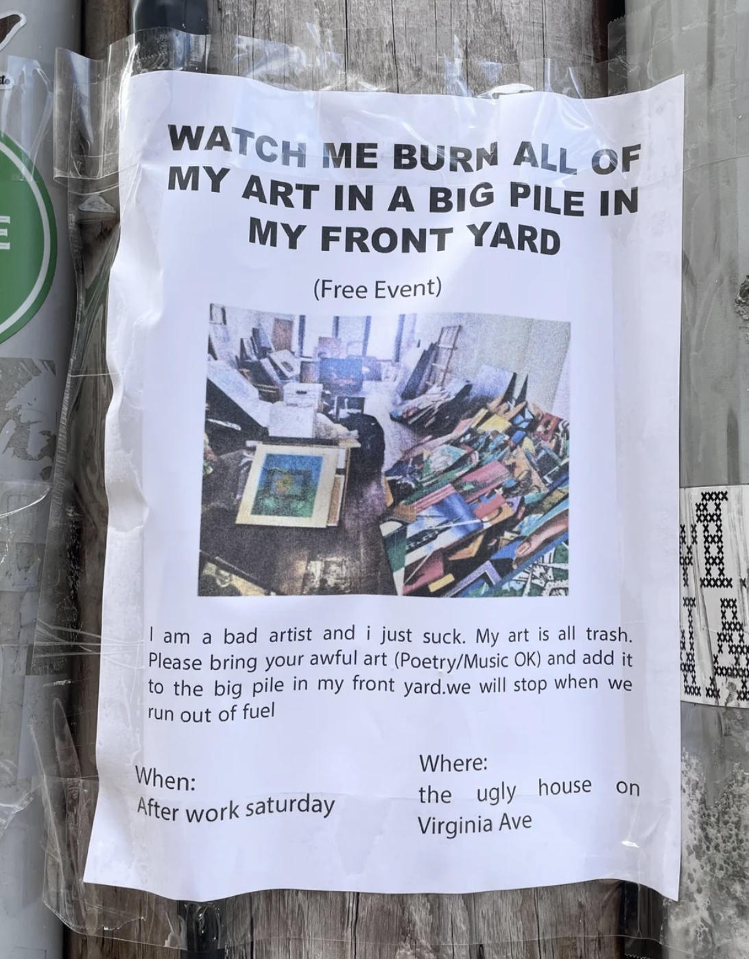 Flyer for a free event where an artist plans to burn their art, with a photo of art pieces and supplies
