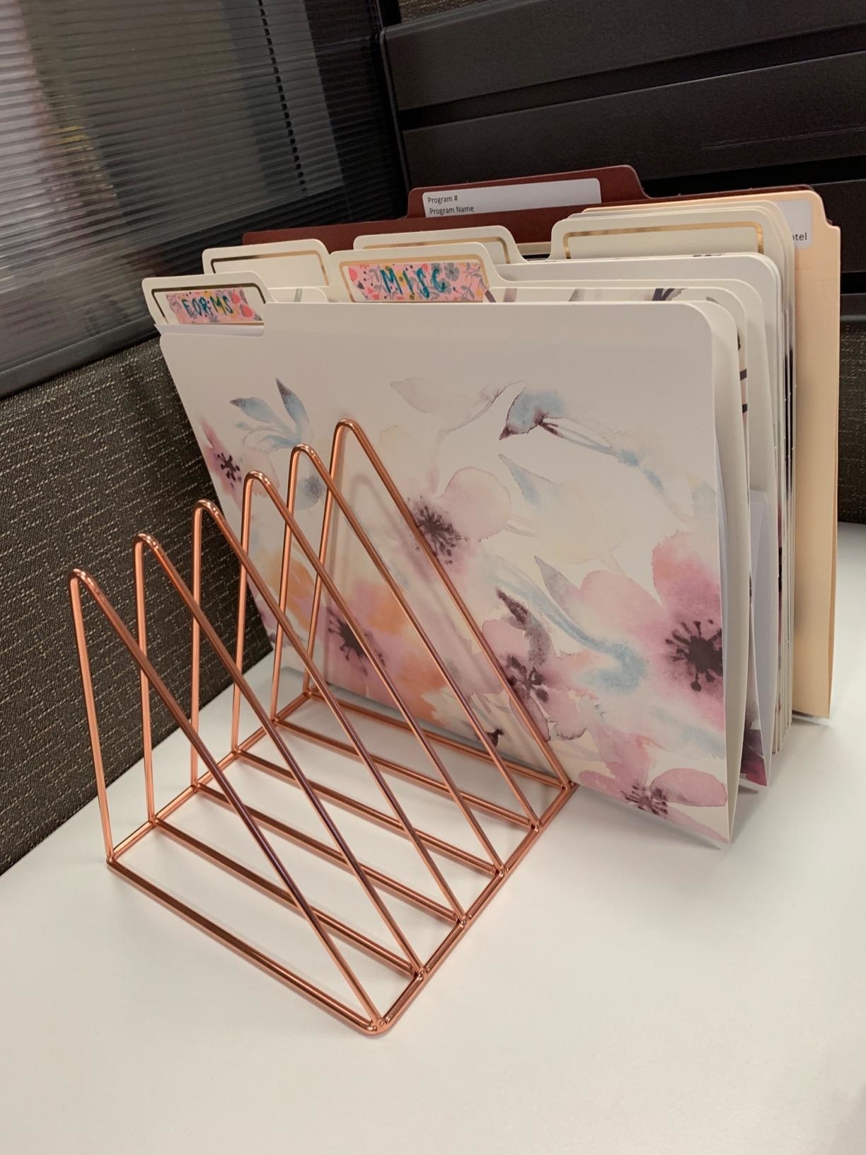Rose gold desk file organizer with assorted folders