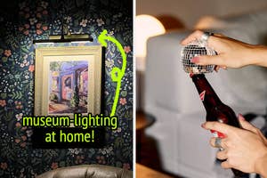 Left: A painting with overhead lighting. Right: Hand holding a beer bottle with a small disco ball bottle opener on top. Text: "museum-lighting at home!"