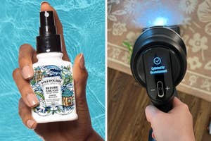 Person holding a Poo-Pourri spray bottle in one image and an AI vacuum