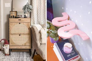 Reviewer's wooden shoe cabinet with decorative items and a plant in a cozy room setting; and pastel pink squiggle floating shelf