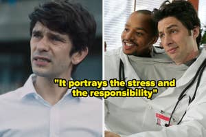 Split-screen of two TV doctors, one solo with a concerned expression, the other smiling with a colleague. Text overlay on stress