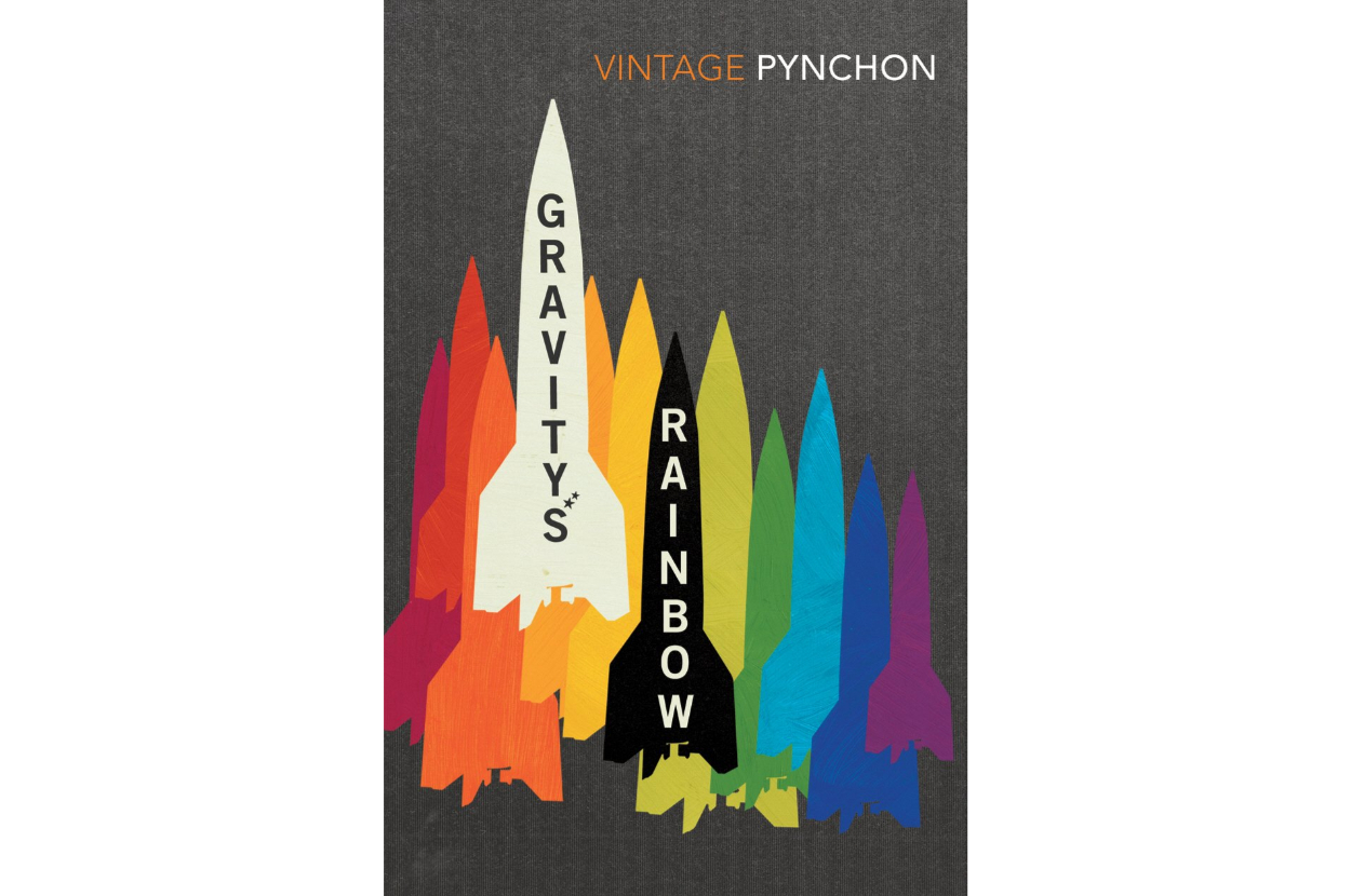 Book cover of &quot;Gravity&#x27;s Rainbow&quot; by Thomas Pynchon, featuring stylized rocket design with title in bold letters