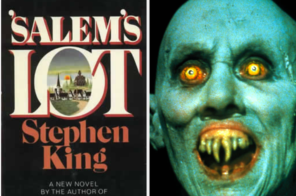 Salem&#x27;s Lot book cover next to a terrifying vampire face with glowing eyes
