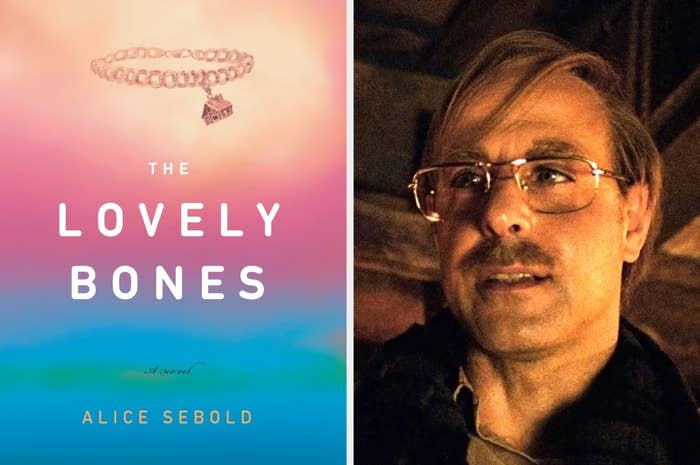 A book cover titled "The Lovely Bones" by Alice Sebold next to a man with glasses and a mustache in dim lighting