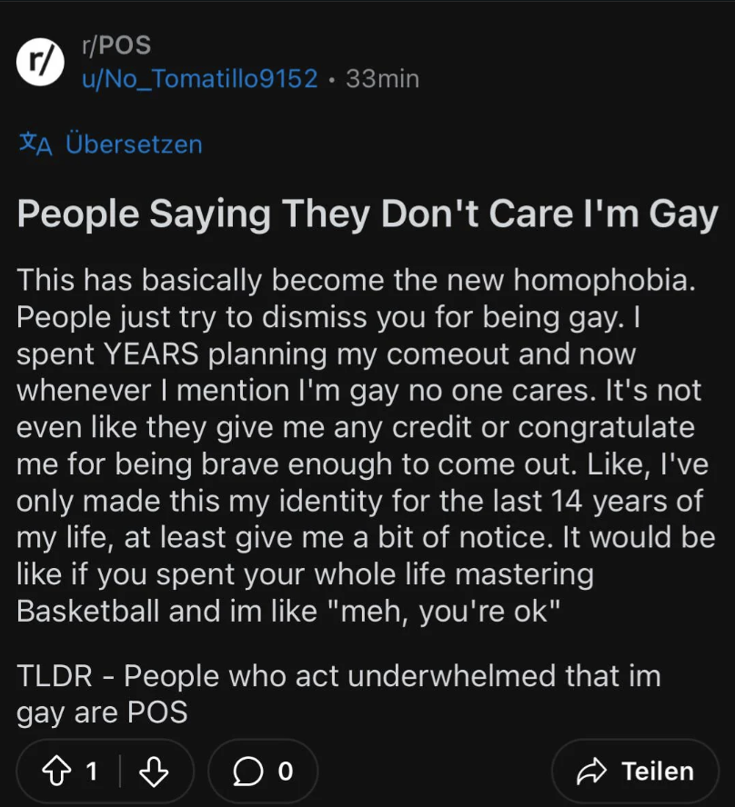 The image shows a screenshot of a Reddit post discussing the author&#x27;s frustration with others not celebrating their sexual orientation