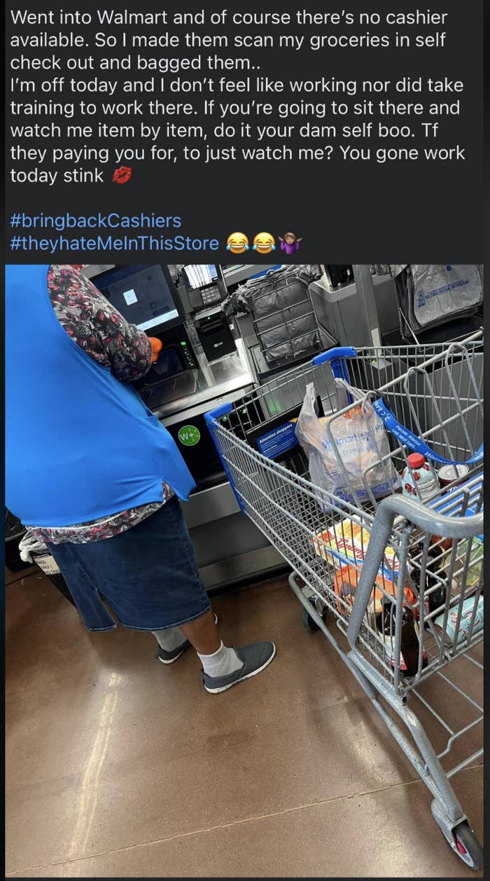 Person self-checking out at a store with a full cart of groceries, expressing frustration about no available cashier