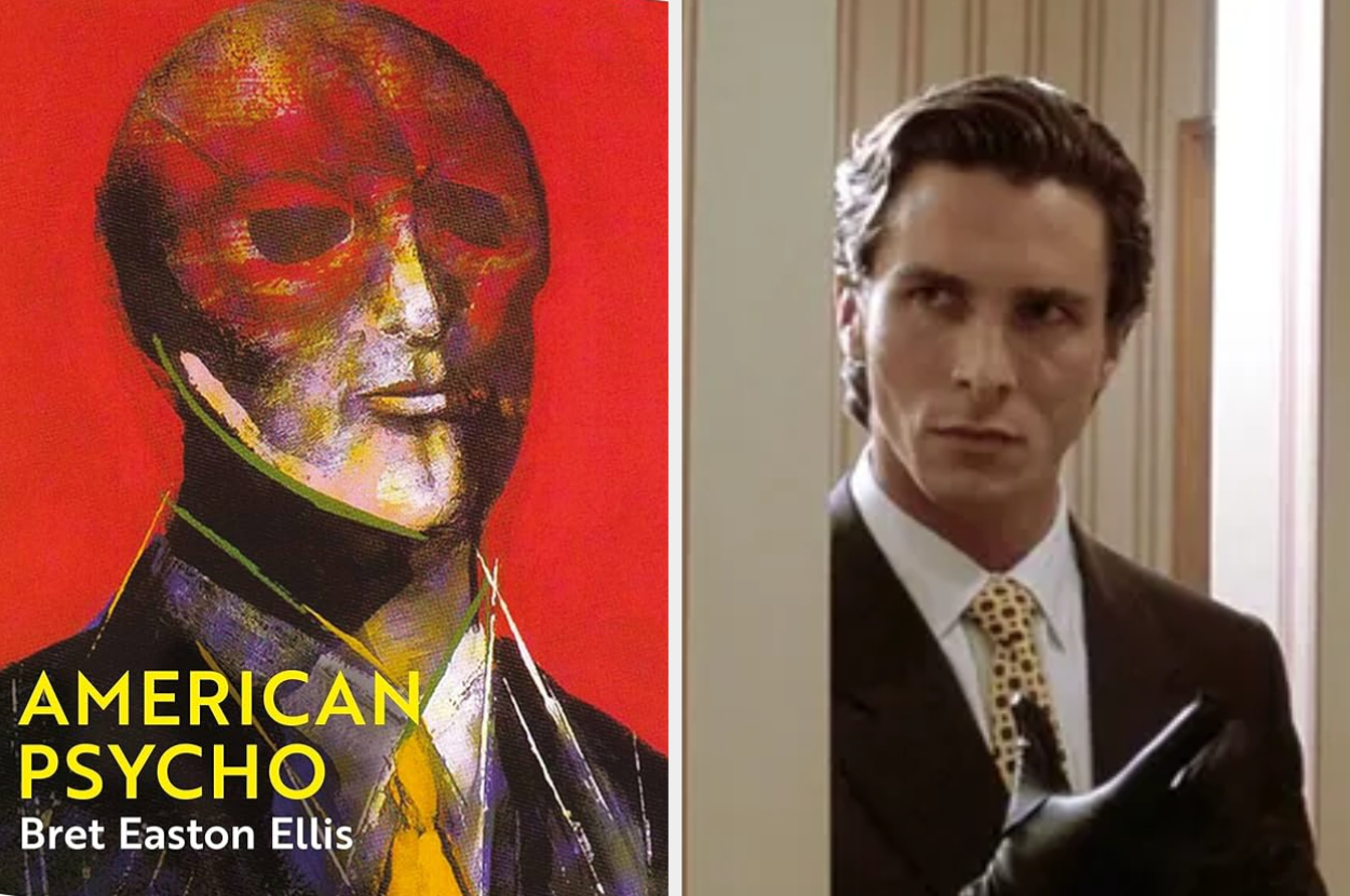 Left: &quot;American Psycho&quot; book cover with abstract face art. Right: Christian Bale as Patrick Bateman, suit and tie