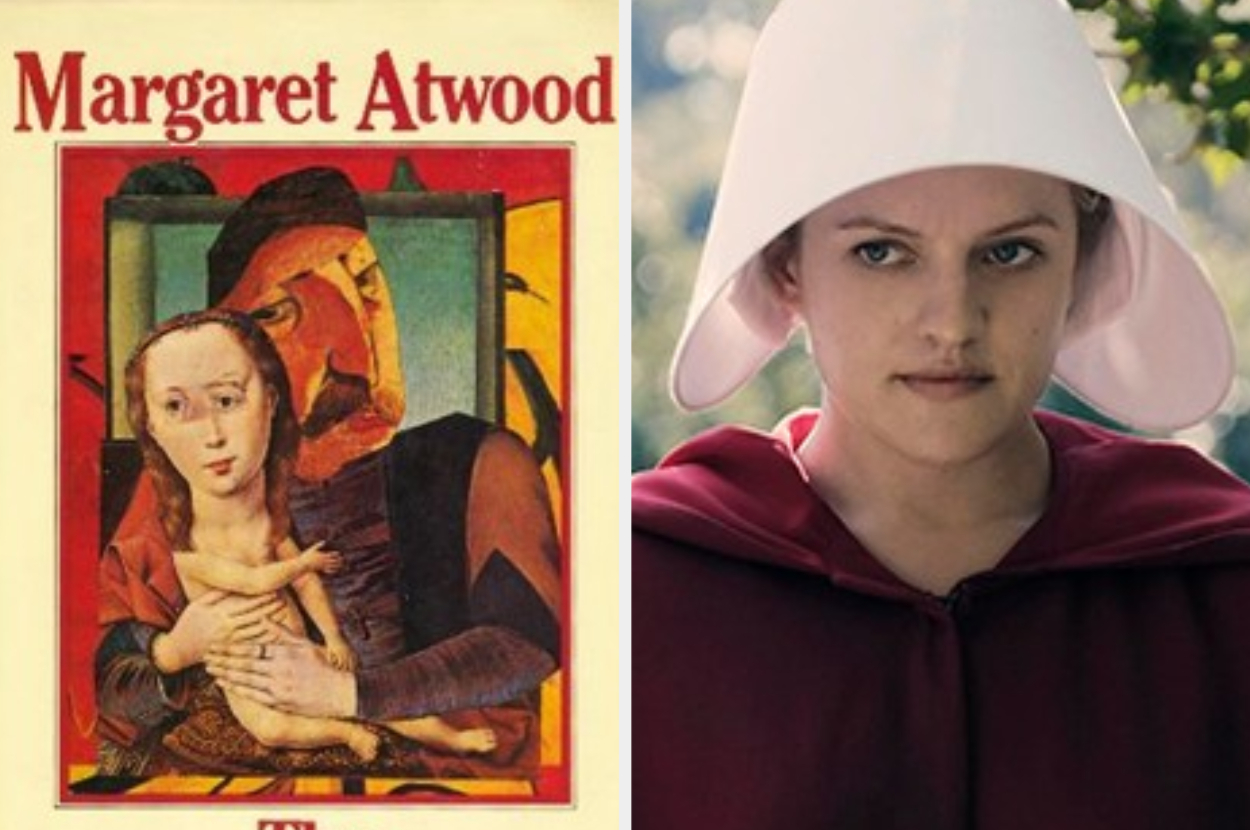 Left: Cover of &quot;The Handmaid&#x27;s Tale.&quot; Right: Character Offred in red attire and white bonnet