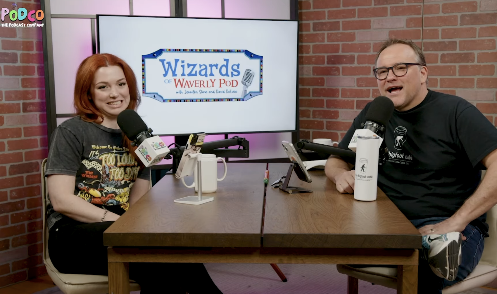 Jennifer Stone and David DeLuise reacting during the podcast interview