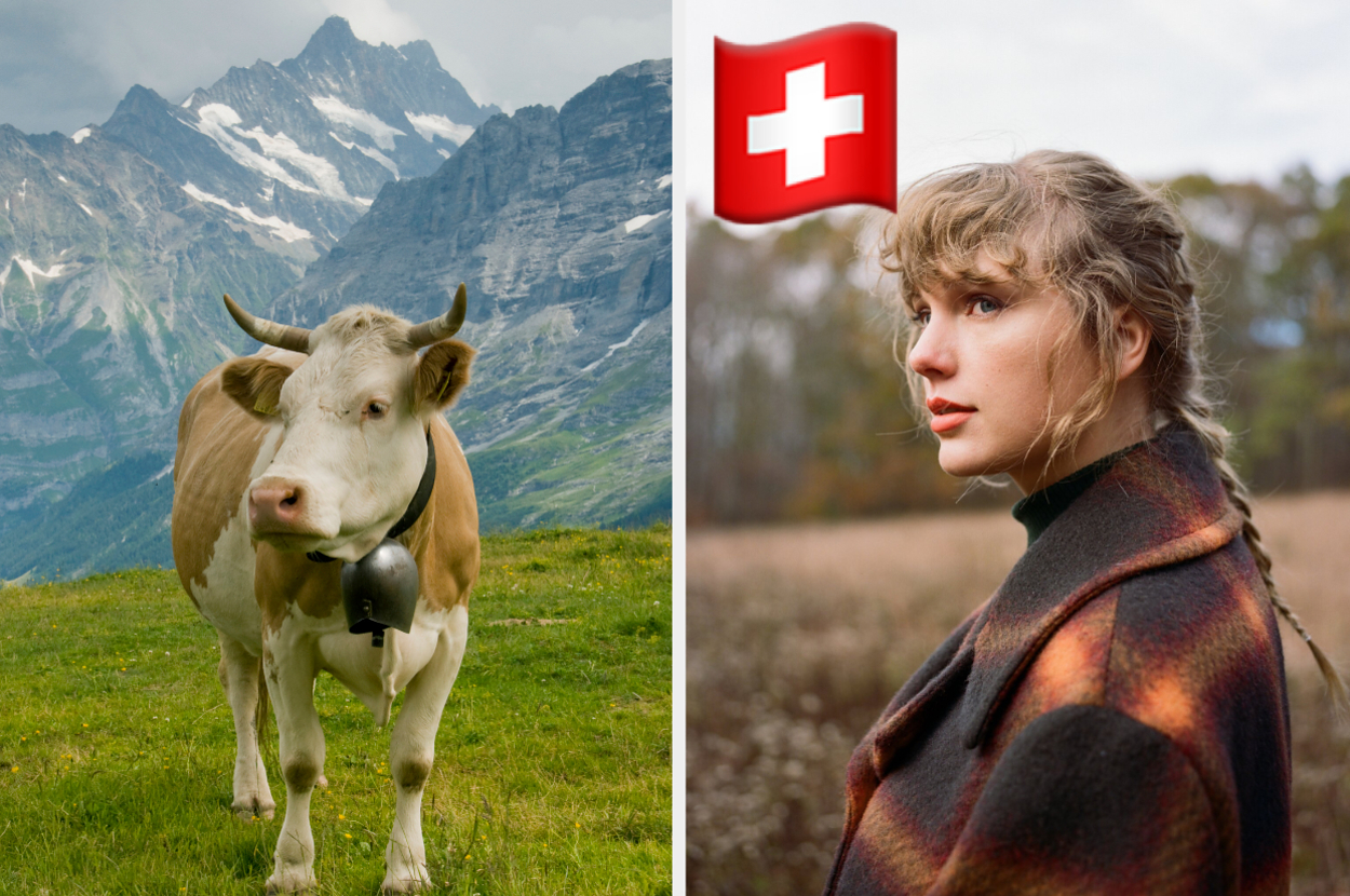 Cow in Swiss mountains; woman in plaid outerwear, Swiss flag overlay