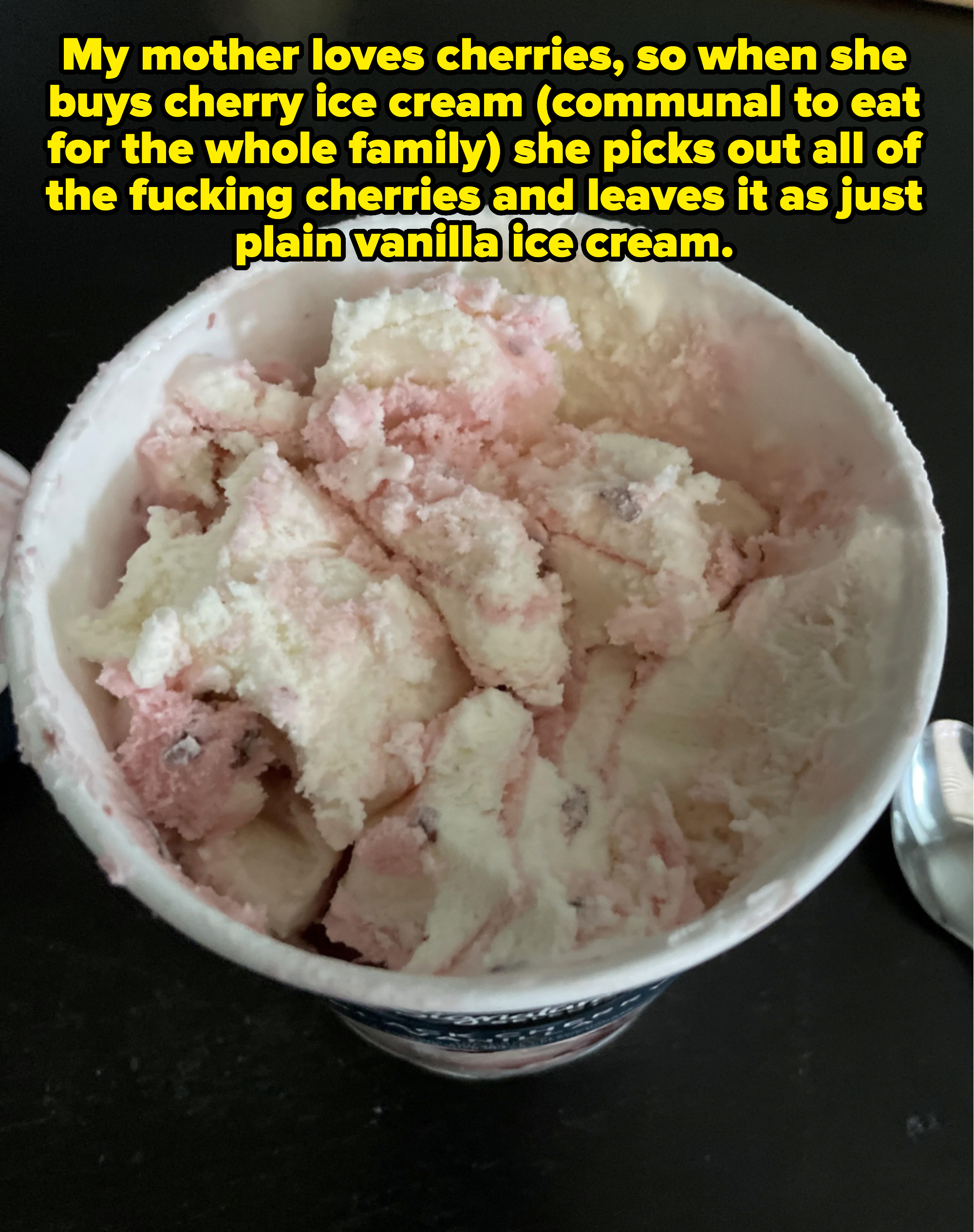 A half-eaten bowl of cherry ice cream with the cherries picked out