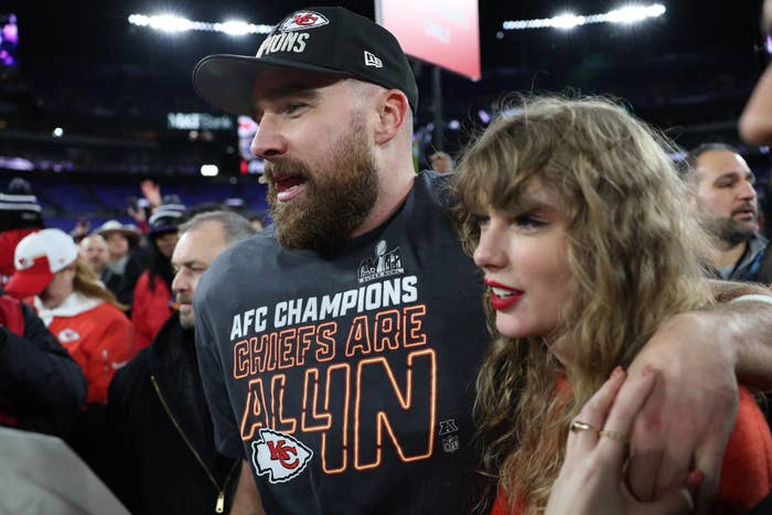 Closeup of Travis Kelce and Taylor Swift after one of his football games