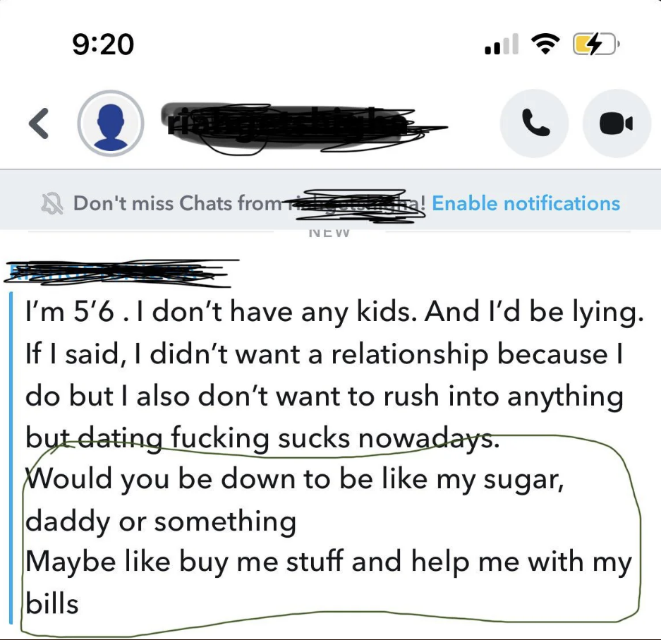 A screenshot of a snapchat message conversation asking for a sugar daddy