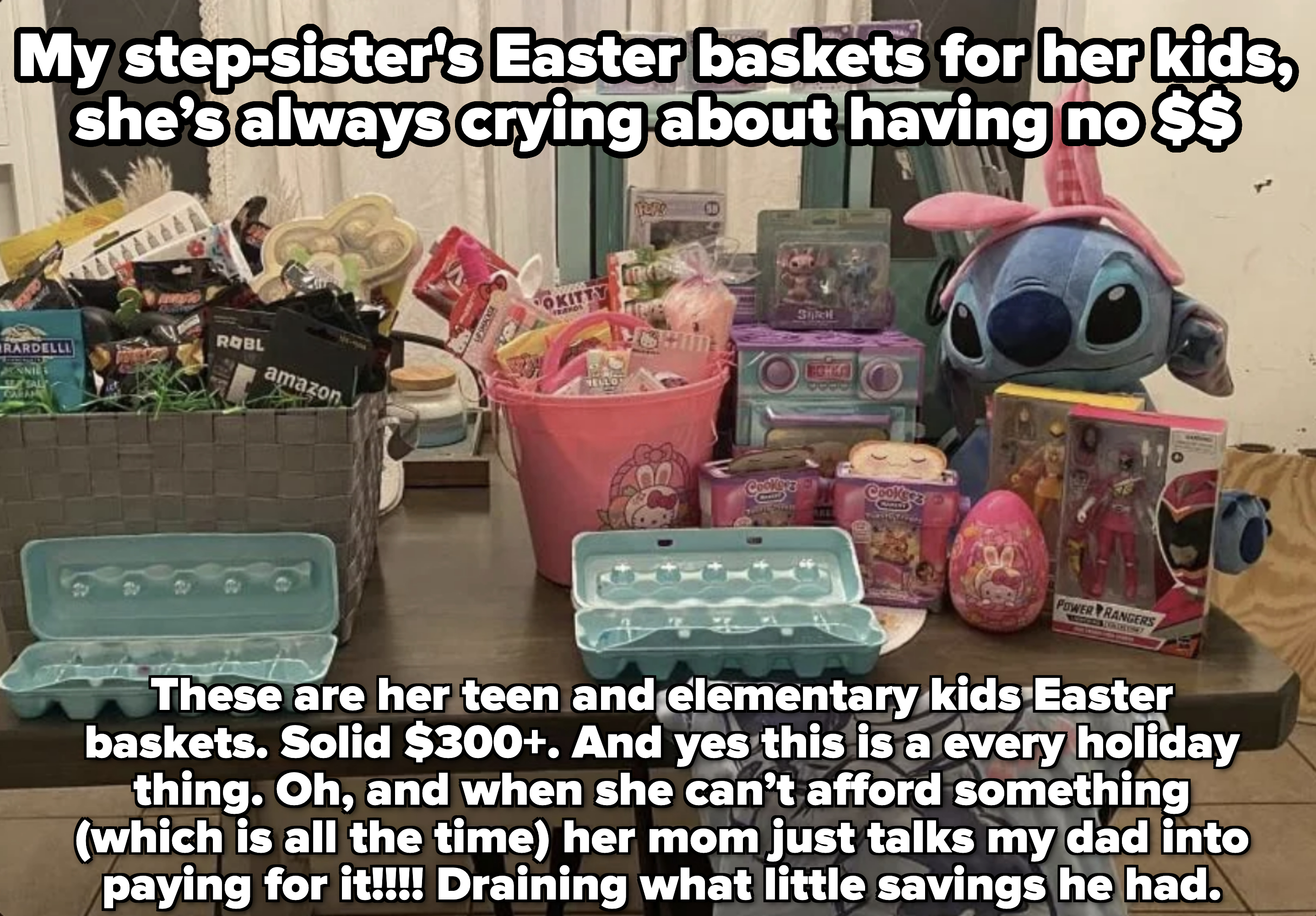 A table with various toys and items including a Stitch plush, egg cartons, and children&#x27;s products saying this is what OP&#x27;s step-sister gets her kids for easter, then complains about having no money/asks for money