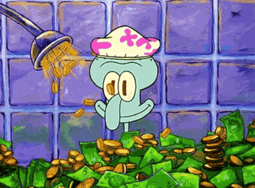 Squidward from SpongeBob showered with coins and bills