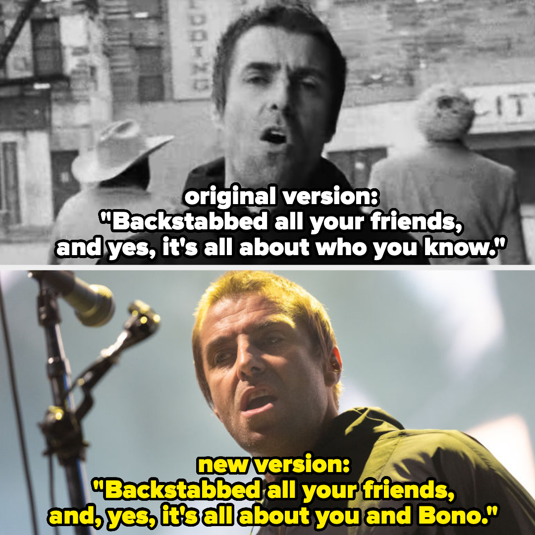 Liam Gallagher&#x27;s face is compared in two memes, one with original lyrics, the other humorously altered to mention Bono