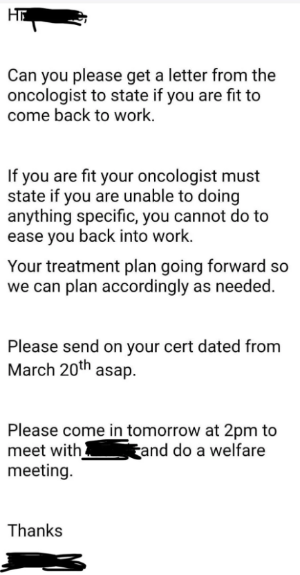 Request for a letter from an oncologist to confirm if the individual can return to work, with details on adjustments if necessary, and a meeting invitation for tomorrow at 2 pm