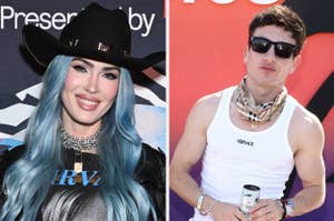 Megan Fox in a cowboy hat vs Barry Keoghan smirks while posing for a photo