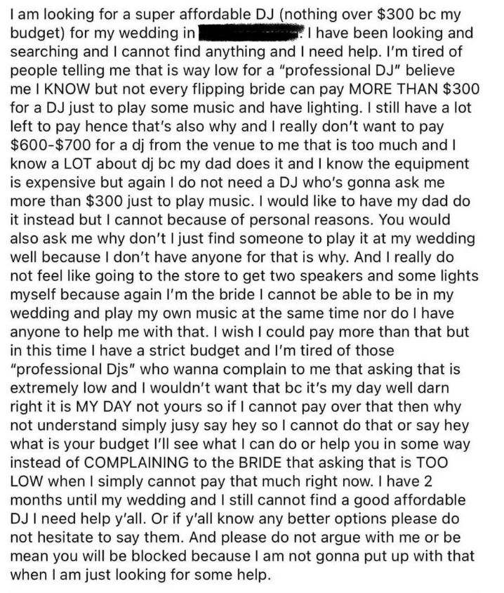 lengthy plea for an affordable DJ for a wedding with a limited budget, expressing distress over high quotes and seeking help