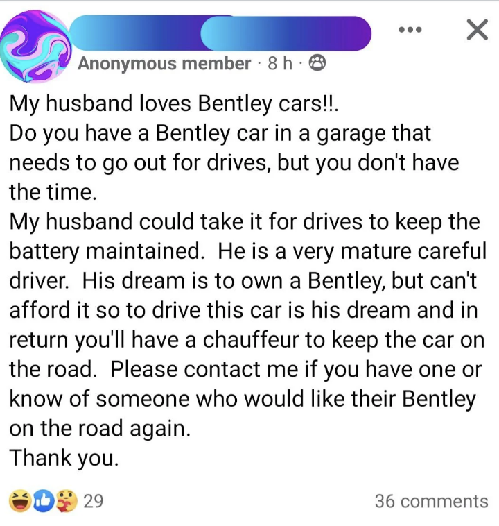 Online post by an anonymous member asking to borrow someone&#x27;s Bentley