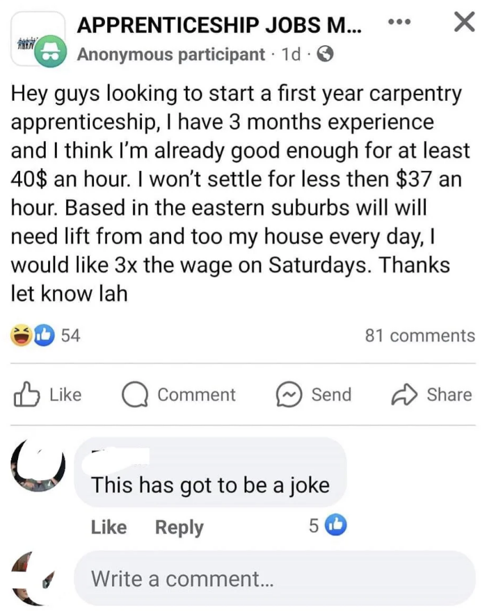 Post seeking carpentry apprenticeship, mentions 3 months’ experience and wage expectations. Commenters react with disbelief and humor