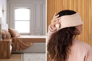 Split image; left shows a neatly made bed in a room, right shows a person modeling a beige headband