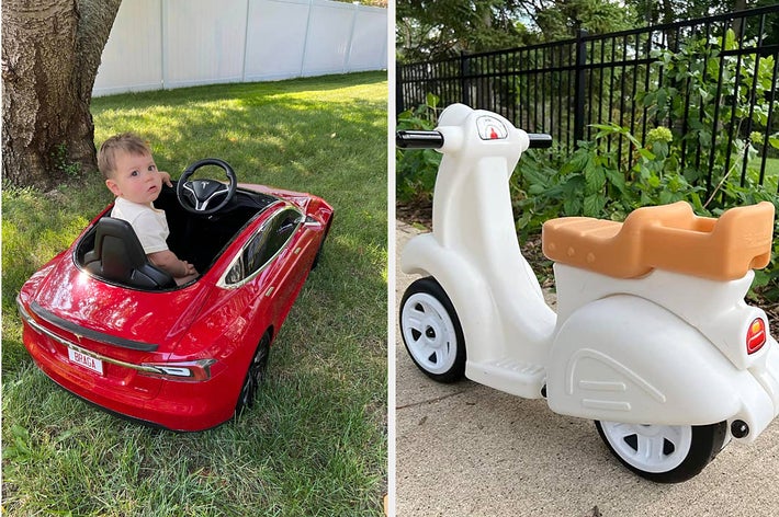 Toddler in a toy car next to a toy scooter, indicating choices of ride-on toys for kids