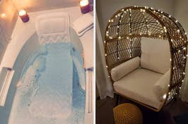 Photo of a shark-shaped bath bomb in a tub and a cozy wicker egg chair with cushions and fairy lights