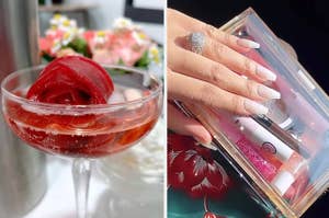 Hand modeling a clear cosmetic organizer with various makeup items inside