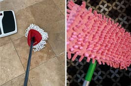 Person holding a mop with a pink head, possibly to illustrate an article on cleaning products for shopping