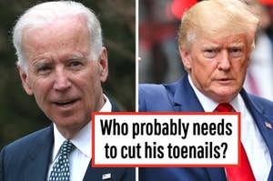Split image of two male public figures with a caption questioning who needs to cut their toenails