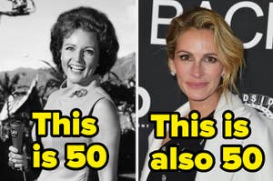 Two side-by-side photos comparing two women, labelled "This is 50" and "This is also 50"