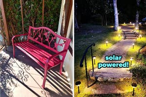 reviewer's red garden bench / reviewer's solar-powered pathway lights