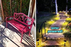 reviewer's red garden bench / reviewer's solar-powered pathway lights