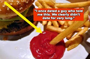 Burger and fries with a quote about a brief dating experience due to a difference in opinion