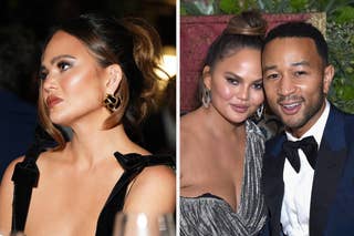 Chrissy Teigen in a silver dress with husband John Legend in a tuxedo; Chrissy in a brown top showing her baby bump
