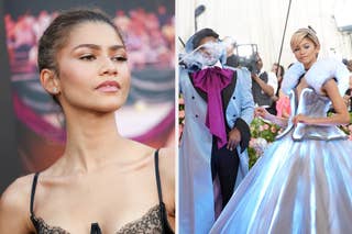 Split image: Left shows a close-up of Zendaya's face with elegant jewelry; right shows her in a floral off-shoulder gown