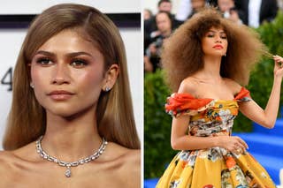 Split image: Left shows a close-up of Zendaya's face with elegant jewelry; right shows her in a floral off-shoulder gown