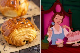 Photo of a pastry next to Belle from Beauty and the Beast with desserts