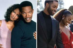Two side-by-side photos: Left, Martin Lawrence and Tisha Campbell from 'Martin'; right, a couple from a modern TV show