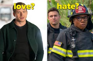 Split image; left: male actor poses in jacket; right: two firefighters from TV show, one with helmet. Text "love?" and "hate?" above each side