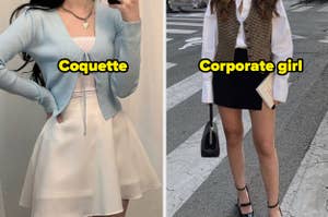 Dos estilos de moda: a la izquierda, top y falda corta; a la derecha, blazer y falda con bolso