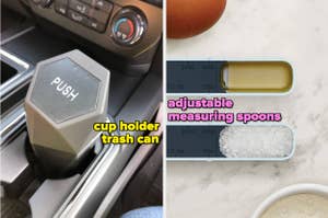 Image left: Car cup holder trash bin. Image right: Set of adjustable measuring spoons