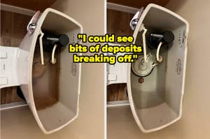 Before and after comparison of a cleaned toilet's water tank with reviewer's quote on the image: "I could see bits of deposits breaking off"