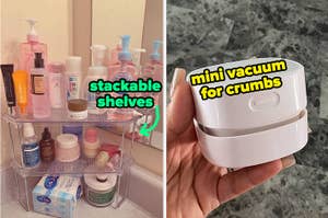 Assorted skincare products on clear stackable shelves; a handheld mini vacuum for crumbs