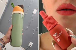 Person holding a green water bottle on the left, and another applying lip tint on the right