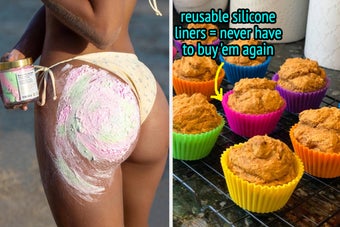 model with butt polish on butt and holding jar of polish and reviewers colorful silicone liners with batter in them