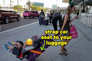 reviewer pulling luggage with child in car seat attached with an orange belt