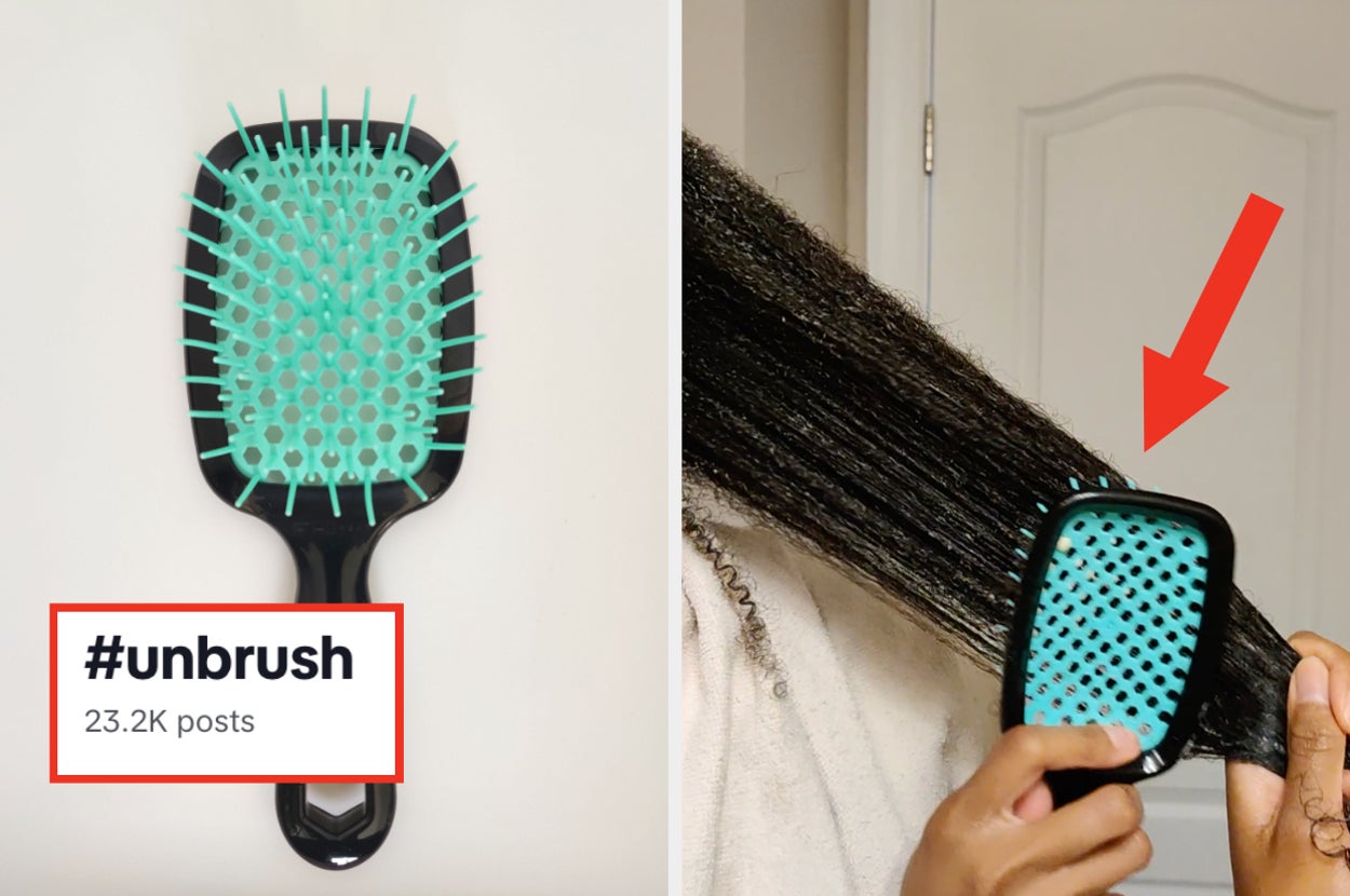 Person using a detangling brush on long, straight hair, demonstration for #unbrush hashtag